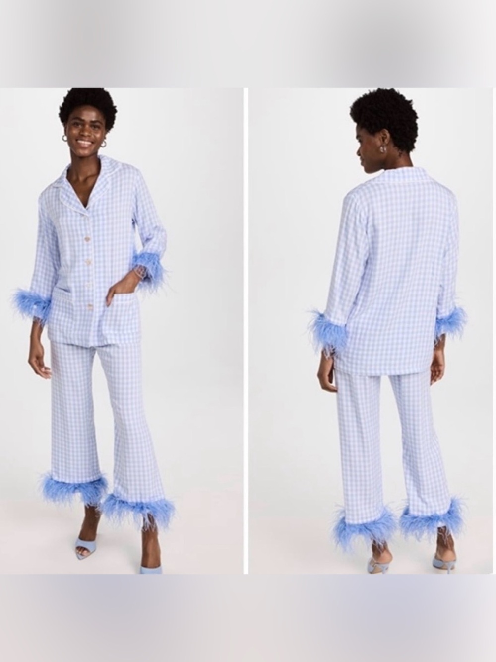 Sleeper Blue Gingham Feather Trim Pajama Set, size Small